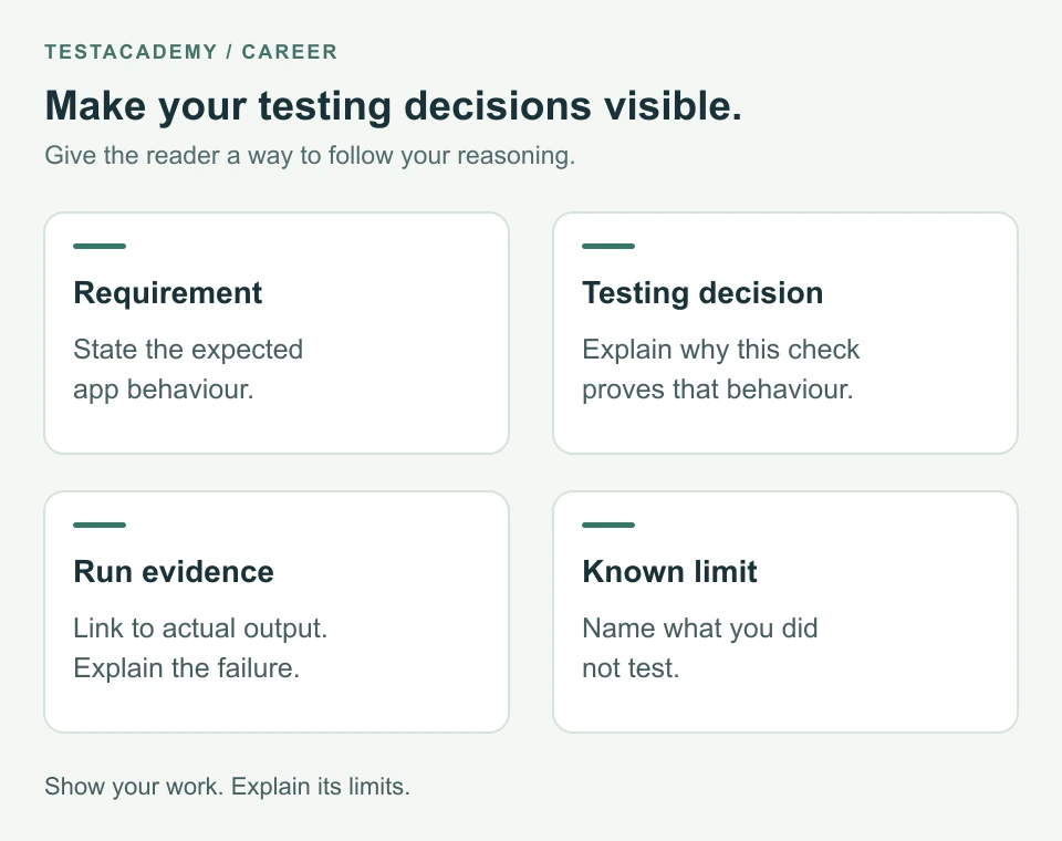 A portfolio should connect a requirement, a testing decision, real run evidence and a clear limit.